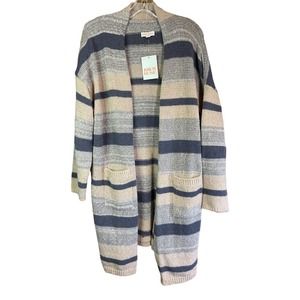 Knox Rose Size L Open Front Long Cardigan Gray and Brown Stripe